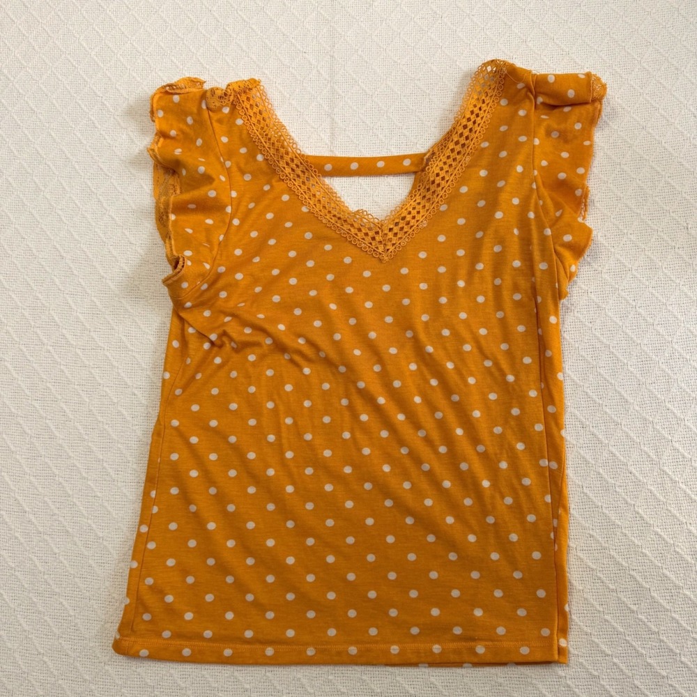 Mustard Yellow Polka Dot Flutter Sleeve Top with Crochet Lace Trim V-Neck